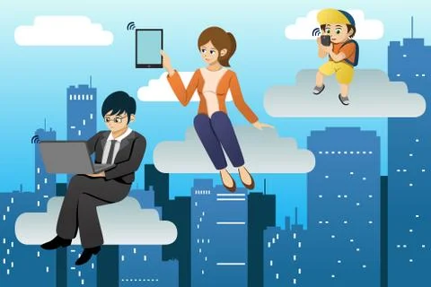 People using different mobile device in clouds computing environment Stock Illustration