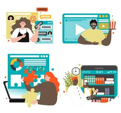 People using different online services vector set Иллюстрация