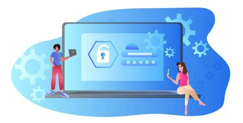 People using digital gadgets computer and mobile app protection data privacy Illustrazione stock