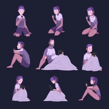 People Using Digital Gadgets at Night Collection, Male and Female Persons Stock Illustration