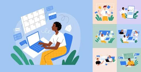 People using digital planner, personal calendar, young girl sitting at table Illustrazione stock