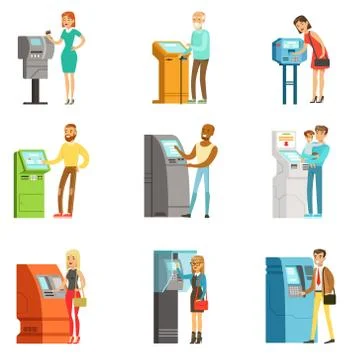 People using electronic self service terminals. Payments and receive money. ATM Stock Illustration