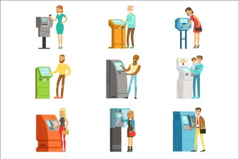 People using electronic self service terminals. Payments and receive money. ATM Illustrazione stock