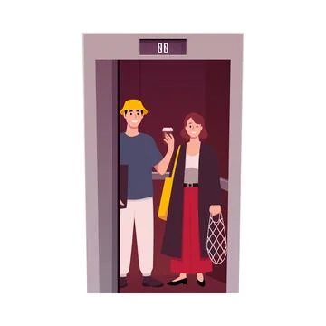 People using an elevator vector flat illustration, woman with bags and man with Stock Illustration