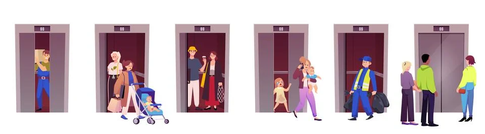 People using an elevator vector flat illustrations set, family with children and Stock Illustration