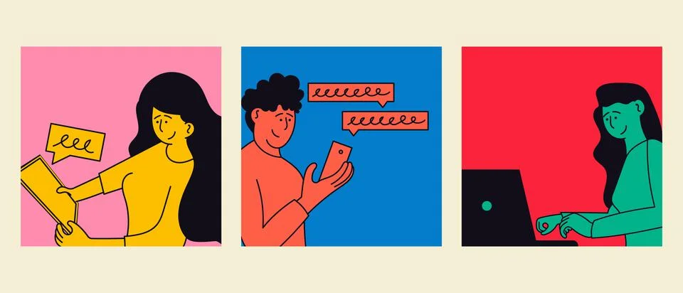 People using gadget vector illustration set. Character using laptop, looking  스톡 일러스트