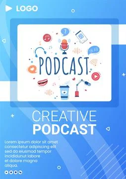 People Using Headset to Podcast Flyer Template Flat Design Illustration Edita Stock Illustration