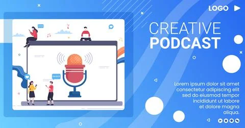 People Using Headset to Podcast Post Template Flat Design Illustration Editab Stock Illustration