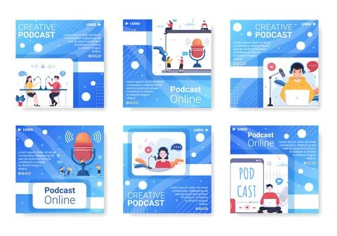 People Using Headset to Podcast Post Template Flat Design Illustration Editab Stock Illustration
