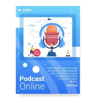 People Using Headset to Podcast Poster Template Flat Design Illustration Edit Stock Illustration