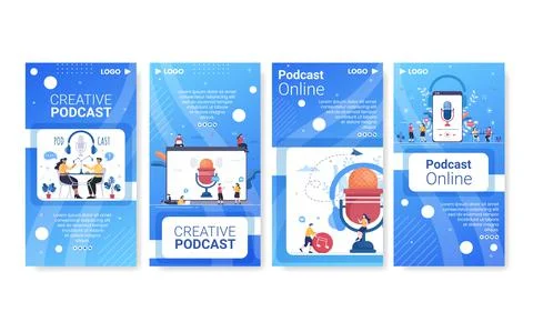 People Using Headset to Podcast Stories Template Flat Design Illustration Edi Stock Illustration