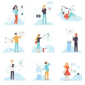 People Using Hi Tech Technologies Set, Smartphones, Gadgets with Biometric Illustrazione stock