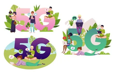 People using high speed 5G internet, set of abstract flat illustrations isolated 스톡 일러스트