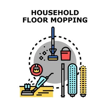 People using household floor cleaning tools and equipment Illustrazione stock