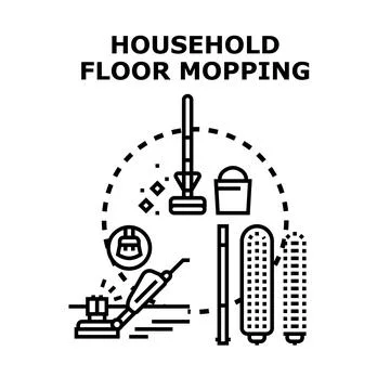 People using household floor cleaning tools and equipment Illustrazione stock