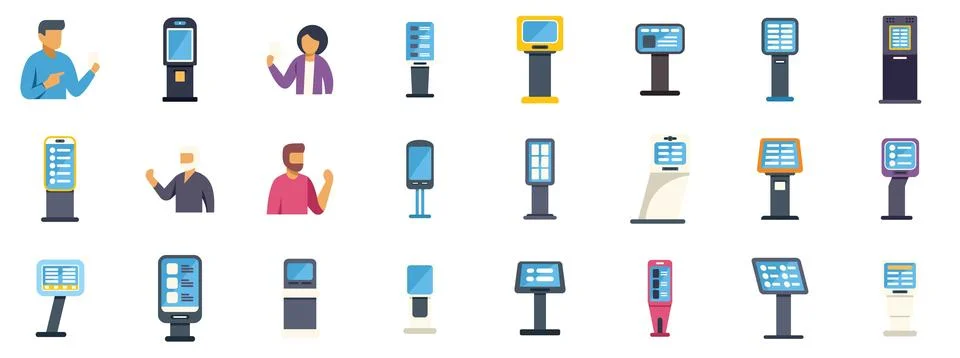 People using interactive terminal kiosk showing information on digital screen Stock Illustration