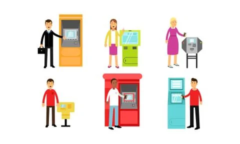 People Using Kinds Of Automatic Teller Machines Vector Illustrations Set Stock Illustration