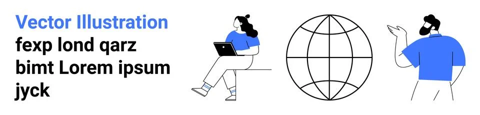 People using laptop, communicating, large globe in center. Ideal for technolo Stock Illustration