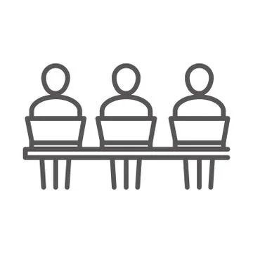 People using laptop computer, coworking office business workspace, line icon Stock Illustration