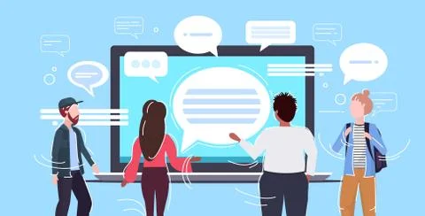 People using laptop computer messenger application chat bubble communication Stock Illustration