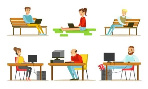 People Using Laptop Computers Set, Young Men and Women Working and Surfing Stock Illustration
