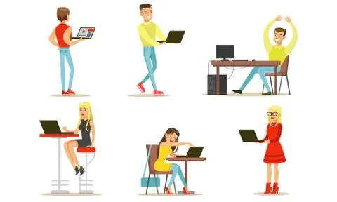 People Using Laptop Computers Set, Young Men and Women Working, Communicating Stock Illustration