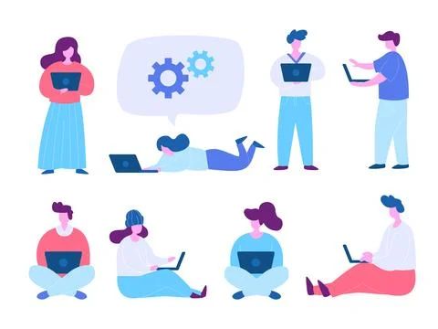 People Using Laptop while Sitting and Standing Illustration Stock Illustration