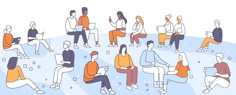 People using laptops and tablets sitting together minimalistic style line art イラスト素材