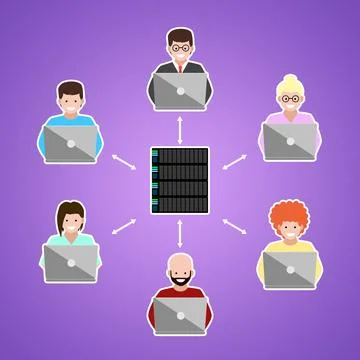 People using laptops connected with server by double arrows on violet backg.. Illustrazione stock