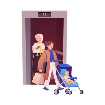 People using lift elevator, mother with a baby in stroller and bags coming out Stock Illustration