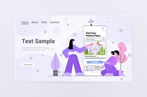 People using mobile app for searching houses for renting or buying online real Illustrazione stock
