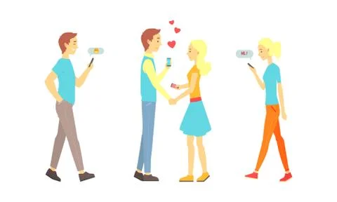 People Using Mobile Application for Dating Set, Virtual Relationships, Couples Ilustración de archivo