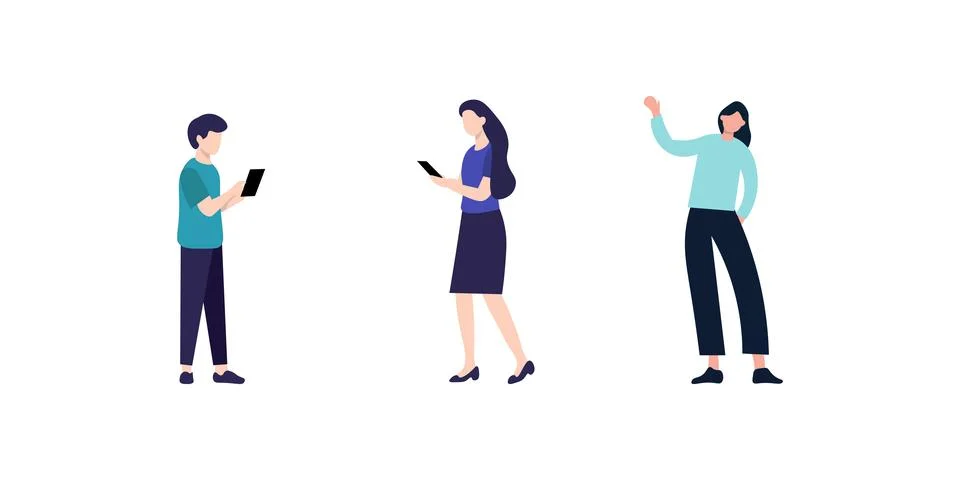 People Using Mobile Devices and Waving Flat Vector Illustration Stock Illustration