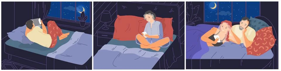 People using mobile phone before going to sleep Stock Illustration