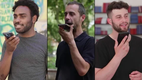 People using the mobile phone leaving a vocal message. Multiscreen montage. Stock Footage 309834998