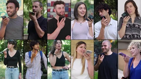 People using the mobile phone leaving a vocal message. Multiscreen montage. Stock Footage 309834999