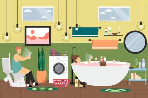 People using mobile phones while taking bath, sitting on toilet bowl. Smartphone Stock Illustration