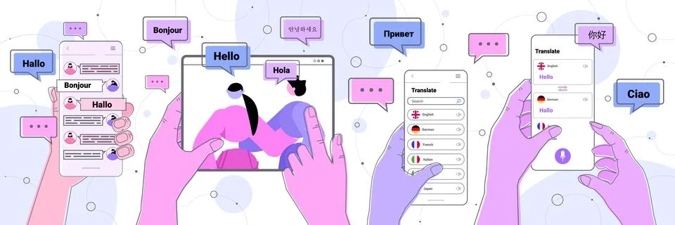 People using mobile translation application multilingual greeting international Stock Illustration