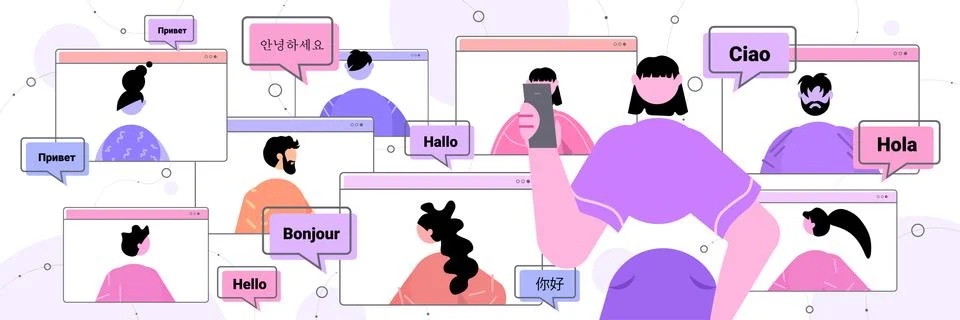 People using mobile translation application multilingual greeting international Illustrazione stock