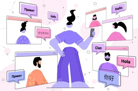 People using mobile translation application multilingual greeting international 스톡 일러스트