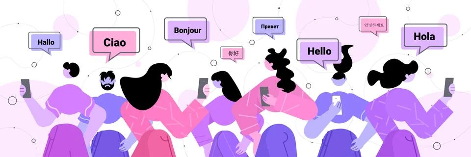 People using mobile translation application multilingual greeting international Illustrazione stock