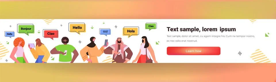 People using mobile translation application multilingual greeting international Stock Illustration