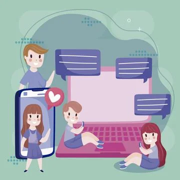 People using mobiles computer speech bubbles social media cartoon Illustrazione stock