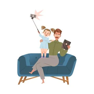 People using modern devices. Father and daughter sitting on sofa. Girl holding 库存插图