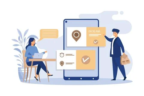 People using online appointment and booking app. Mean and woman planning meet Illustrazione stock