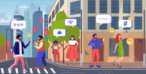 People using online mobile app social media network chat bubble communication Illustrazione stock