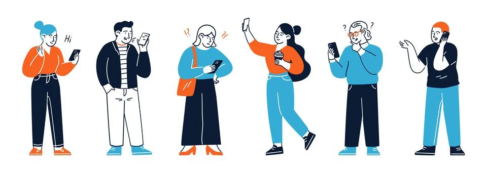 People using phone and wireless internet technology isolated set Stock Illustration