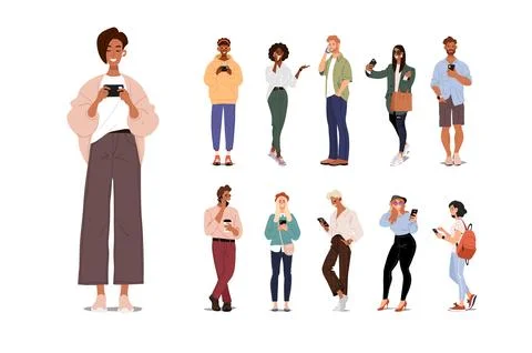 People using phone character set. Men and women chatting, listen to music, make Illustrazione stock