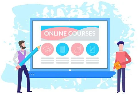 People using program for distance learning. Men looking at online course web Stock Illustration