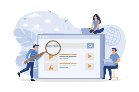 People using search box for query, engine giving result. Vector illustratio.. Stock Illustration